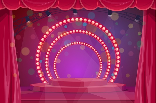 Cartoon stage with pedestal, curtain and spotlight