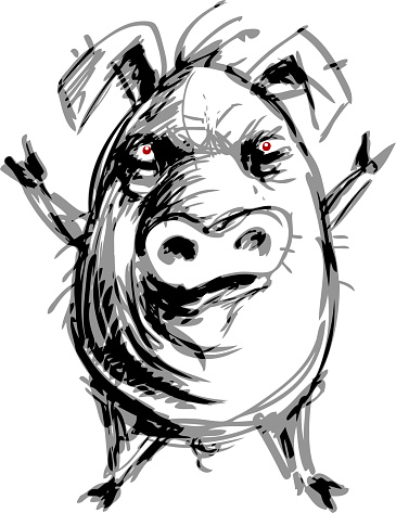 Cartoon standing pig with hoofs raised above its head