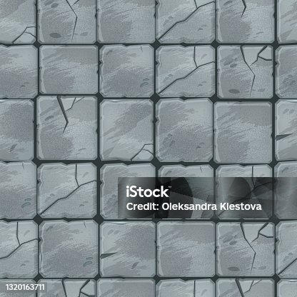 istock Cartoon stone pavement seamless pattern, brick wall texture, cracked rock paver, gray street tiles top view. 1320163711