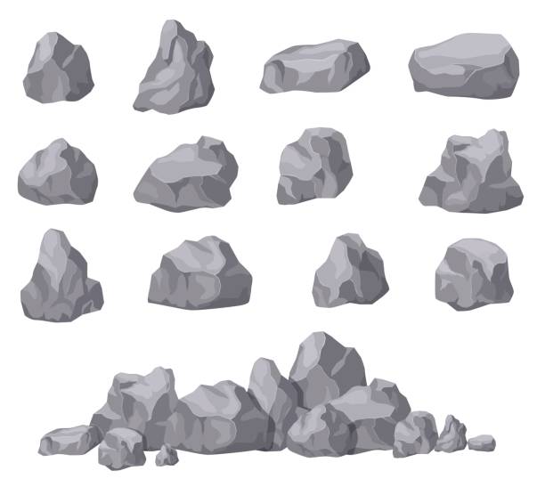 만화 돌. 바위 돌 등각 세트. 화강암 바위, 자연 빌딩 블록 모양. 3d 장식 격리 벡터 컬렉션 - 바위 stock illustrations