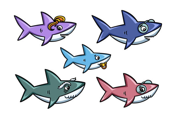 Cartoon style cute sharks family set. Vector illustration. Cartoon style cute sharks family set. Baby mommy daddy grandpa grandma shark collection. Colorful hand drawn design elements for kids clothes prints. Vector illustration. shark stock illustrations