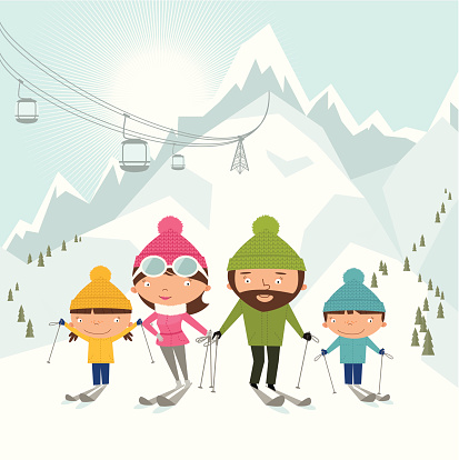 Cartoon style depiction of skiing family
