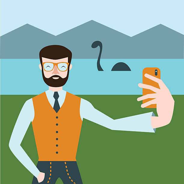 Cartoon style man make selfie with Loch Ness monster Cartoon style man make selfie with Loch Ness monster on the background. Hipster make selfie flat design style. Funny vector illustration with Nessie monster. loch ness monster stock illustrations