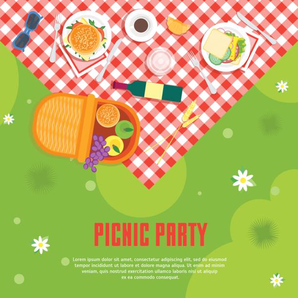 bildbanksillustrationer, clip art samt tecknat material och ikoner med tecknade sommar picknick i parken korg kort bakgrund. vektor - picknick