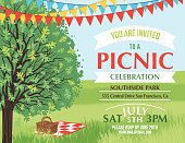 Summer picnic and BBQ invitation flyer or template. Text is on its own layer for easy editing. The sky, grass and tree are each on their own layers. Horizontal. There are bunting flags across the top and a picnic basket and blanket on the grass.