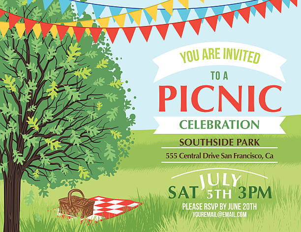 Cartoon Summer Picnic Invitation Template Summer picnic and BBQ invitation flyer or template. Text is on its own layer for easy editing. The sky, grass and tree are each on their own layers. Horizontal. There are bunting flags across the top and a picnic basket and blanket on the grass. picnic stock illustrations