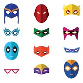 Cartoon Superhero Mask Color Icons Set Flat Style Design for Celebration Party or Holiday. Vector illustration of Heroic Costume Element