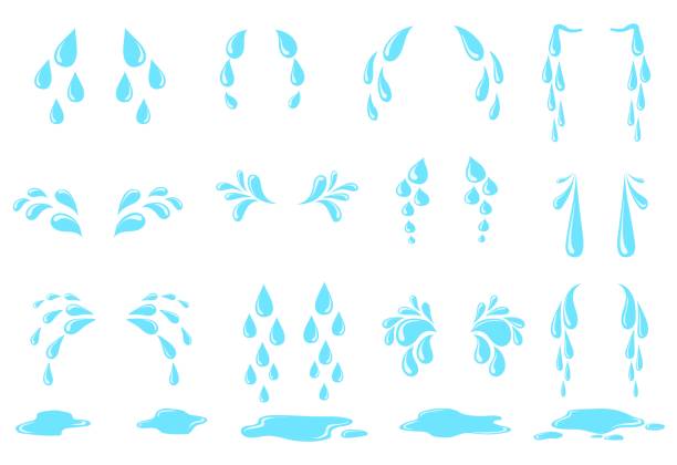 만화 땀 눈물. 울음 눈물 방울, 웅덩이 물방울, 떨어지는 방울, 간단한 빗방울, 물 눈 표정 절망, 깔끔한 고립 된 아이콘 벡터 일러스트 - 눈물 일러스트 stock illustrations
