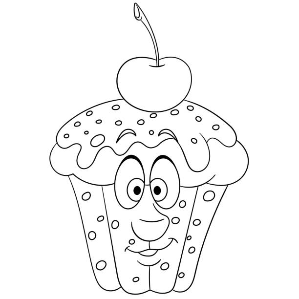 Cartoon Sweet Muffin Sweet Muffin Coloring Page. Happy Bakery Food concept. Funny Emoticon. cupcakes coloring pages stock illustrations