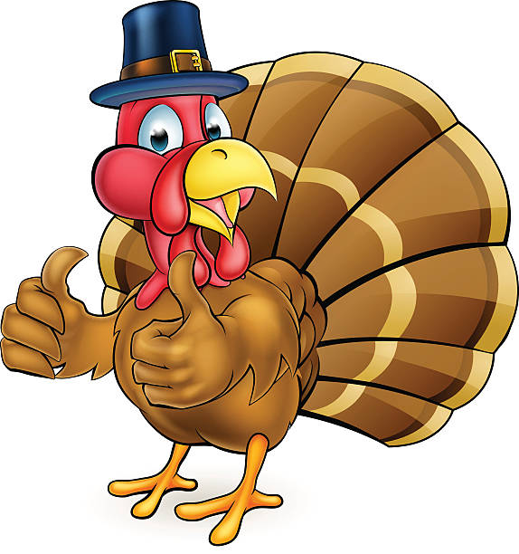 Cartoon Thanksgiving Turkey Bird in Pilgrims Hat Cartoon Thanksgiving or Christmas turkey bird wearing a pilgrims hat and giving a thumbs up thanksgiving diner stock illustrations