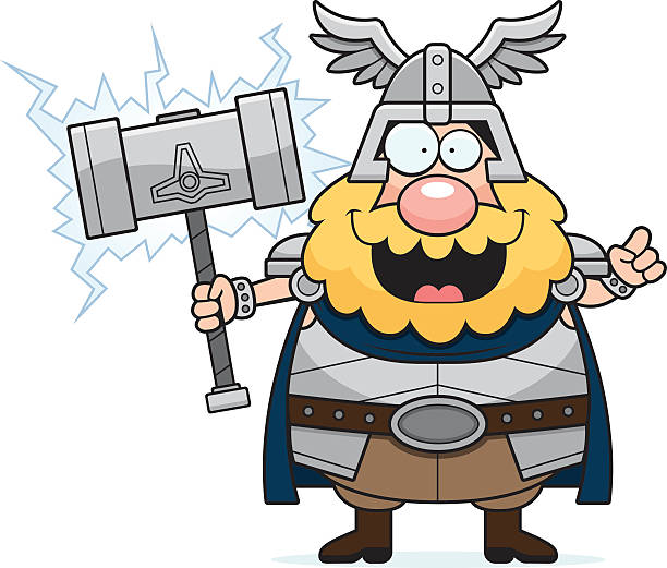 Cartoon Thor Idea A cartoon illustration of Thor with an idea. thor hammer stock illustrations