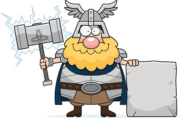 Cartoon Thor Sign A cartoon illustration of Thor with a sign. thor hammer stock illustrations