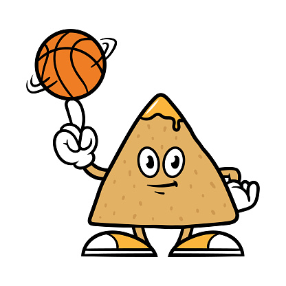 Cartoon Tortilla Chip Character Spinning a Basketball