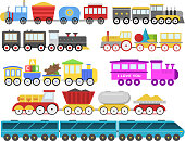 Cartoon toy train with colorful blocks isolated over white vector set. Railroad and cartoon carriage game fun leisure joy gift. Locomotive transportation set.