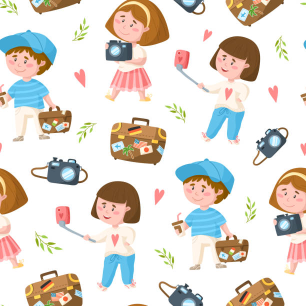 Cartoon Travel or Vacation collection Travel seamless pattern - cartoon kids girl and boy, trip or vacation theme suitcase or baggage, photo camera, cute characters on white background - vector endless pattern or scrapbook digital paper selfie patterns stock illustrations