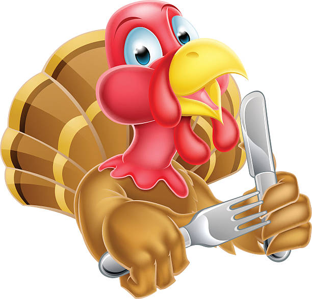 Cartoon Turkey Holding Kife and Fork Cartoon Thanksgiving or Christmas turkey bird holding knife and fork thanksgiving diner stock illustrations