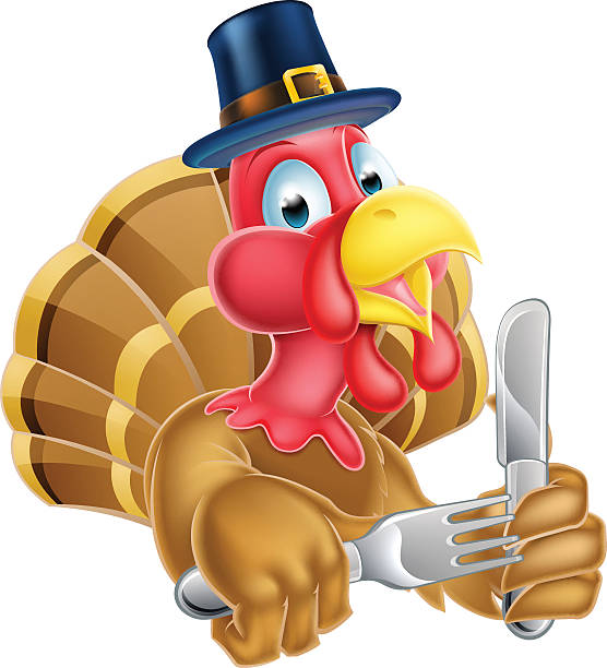 Cartoon Turkey in Thanksgiving Pilgrims Hat Holding Knife and Fo A Pilgrims hat Thanksgiving cartoon turkey holding a knife and fork thanksgiving diner stock illustrations