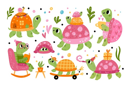 Cartoon turtle. Colorful animals. Baby and adult tortoises. Reptiles celebrating birthday or skateboarding. Pink shells. Terrapins with cubs. Various actions. Vector funny characters set