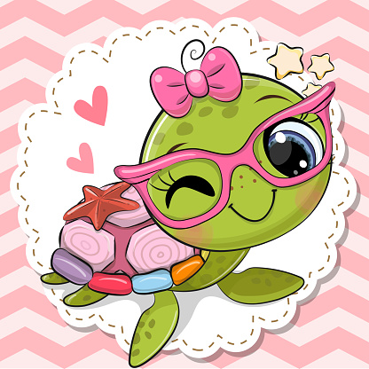 Cartoon Turtle girl in pink eyeglasses with a bow
