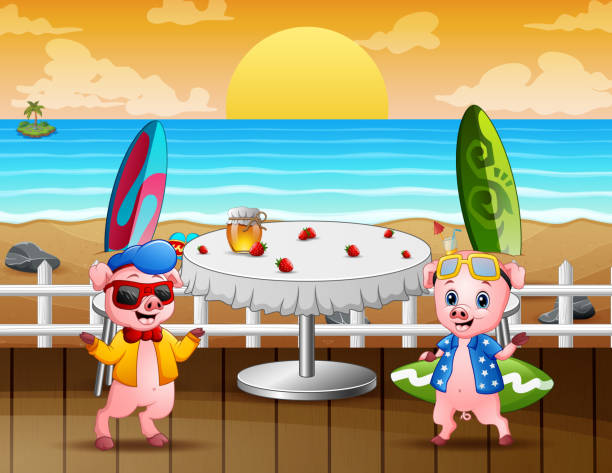 stockillustraties, clipart, cartoons en iconen met beeldverhaal twee varkens bij een restaurant aan het strand - sunset dining