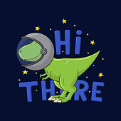 Cartoon Tyrannosaurus Rex in spacesuit. Cute dinosaur t-rex in spacesuit stands on dark blue background. T-shirt print design for kid clothes. Vector illustration.