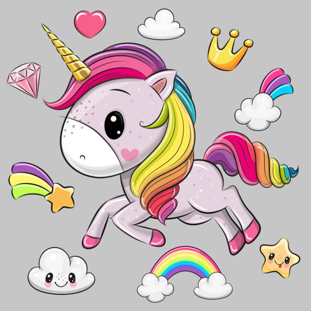Cartoon Unicorn and set of cute design elements Cute Cartoon Unicorn and set of cute design elements pony stock illustrations