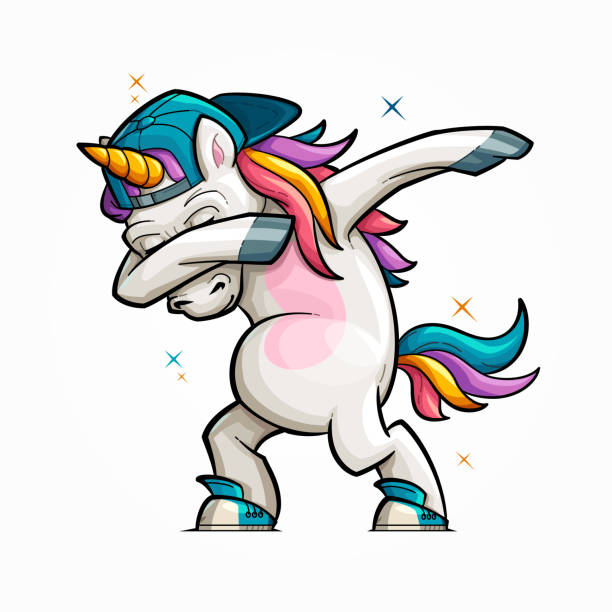 bildbanksillustrationer, clip art samt tecknat material och ikoner med tecknad unicorn dabbing - silly horse