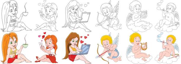 cartoon valentines day set Saint Valentine's Day set. Romantic collection. Girls with a cup of coffee, greeting card, receiving love message on a laptop, three baby angels (cupids). Coloring book pages for kids. curley cup stock illustrations