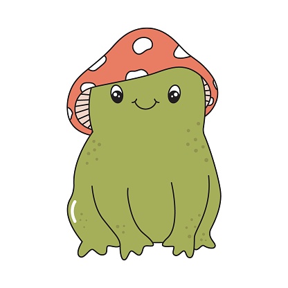 Cartoon vector frog character wearing mushroom hat. Cute toad in retro style. Vintage groovy sticker. Colorful funny animal