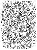 Cartoon vector hand-drawn Doodle Thanksgiving. Sketchy design background with objects and symbols.