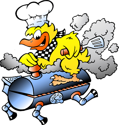 Cartoon Vector illustration of an Yellow Chicken riding a BBQ grill barrel
