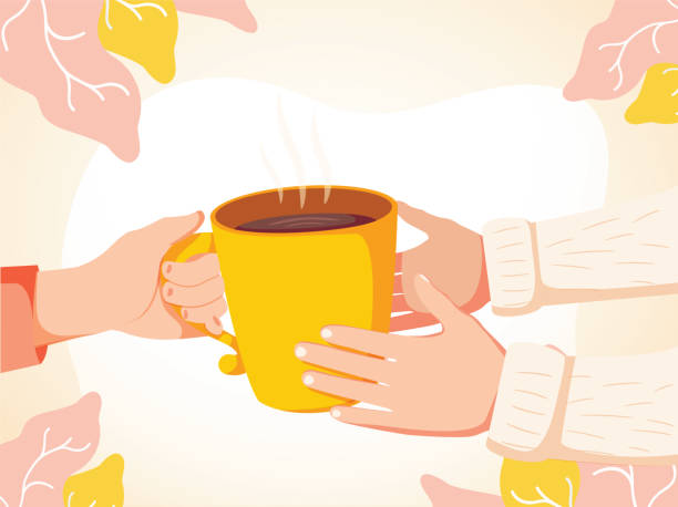 cartoon vektor-illustration der menschlichen hand hält eine warme tasse tee zu einer anderen person hände. hilfe für die bedürftige menschheit - hand holding coffee stock-grafiken, -clipart, -cartoons und -symbole