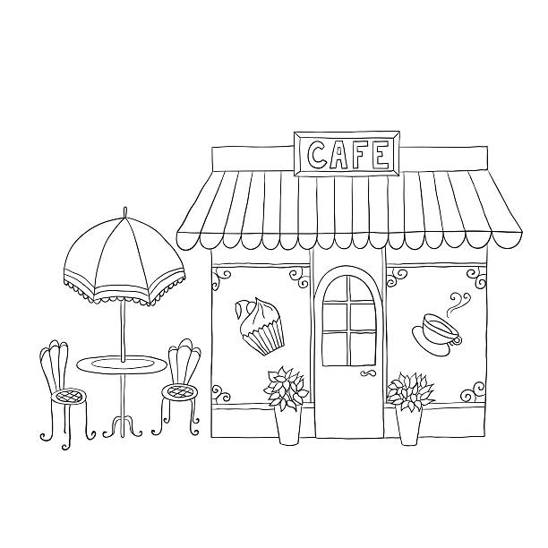 Cartoon vector illustration of street cafe Cartoon vector illustration of street cafe with tables. store drawings stock illustrations