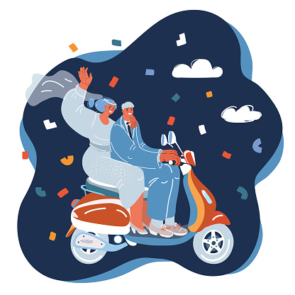 Cartoon vector illustration of The newlyweds on scooter. Happy married couple