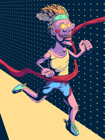 Cartoon vector illustration - Runner tearing the finishing tape.