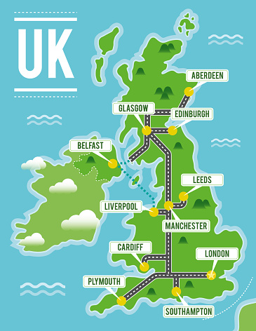 Cartoon vector map of United Kingdom. Travel illustration with british main cities.