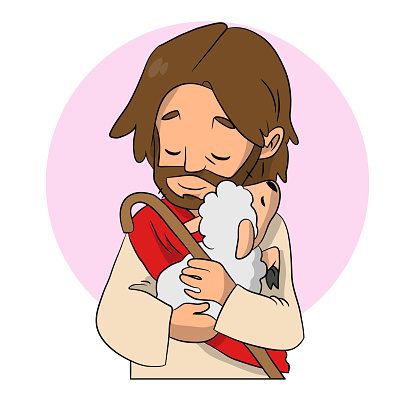 A cartoon vector of Jesus holding a little sheep.
