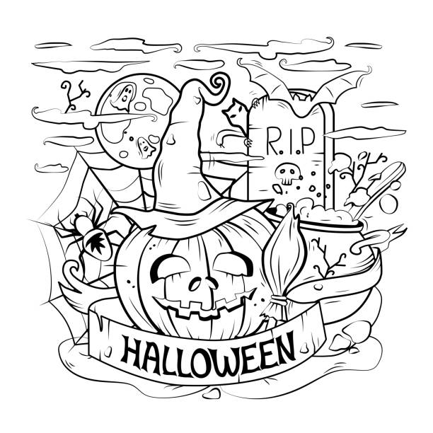 Cartoon vector outline illustration of a happy Halloween. Linear art, detailed. All objects are separated. Vector. Coloring book, background. Cartoon vector outline illustration of a happy Halloween. Linear art, detailed. All objects are separated. Vector. Coloring book, background. cute cat coloring pages stock illustrations