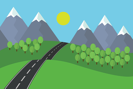 cartoon view of the asphalt road leading landscape with grass and trees in the mountains with snow under blue sky with sun vector stock illustration download image now istock