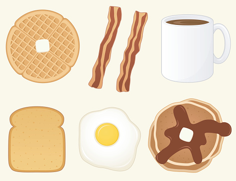 Cartoon waffle, bacon, coffee, toast, egg and pancake 