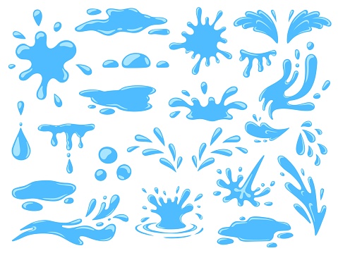 Cartoon water splashes, falling rain drops, waves and spill. Fresh aqua stream, puddles and splats. Nature blue liquid form icons vector set. Illustration of rain water drop