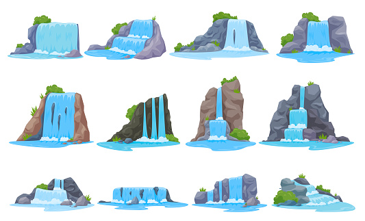 Cartoon waterfall set vector flat illustration natural water streaming mountain cliff river cascade