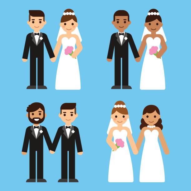 Cartoon wedding couples set Cute cartoon diverse wedding couples set. Caucasian and black, mixed race and gay brides and grooms. Equal marriage concept vector illustration. bride stock illustrations