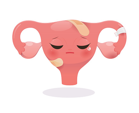 Cartoon with uterus health concept on green background, Sick uterus