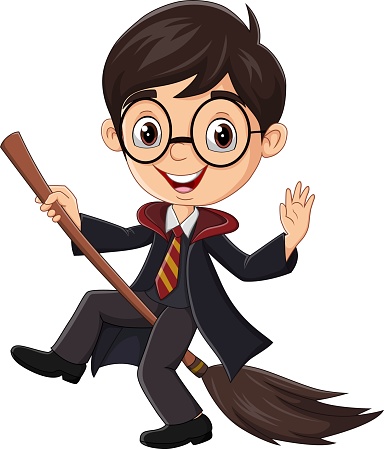Cartoon wizard boy with a magic broomstick