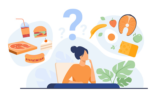 Cartoon woman choosing between healthy meal and unhealthy food
