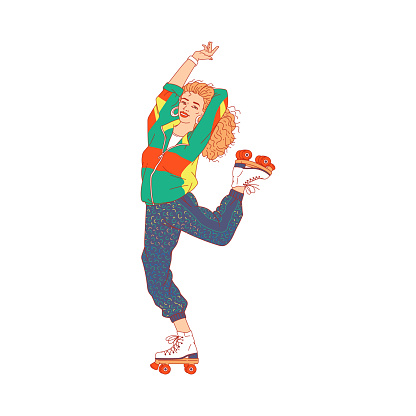 Cartoon woman in 80s disco style fashion skating in rollerblades and dancing