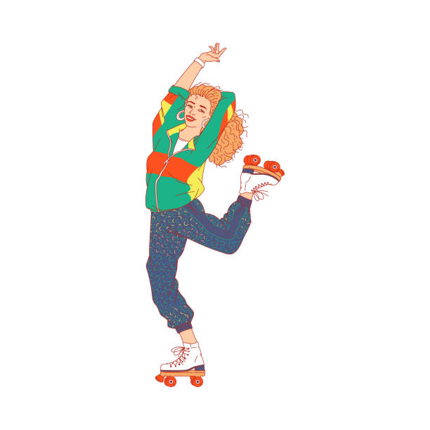 卡通女人在80年代迪斯可風格的時尚滑冰在輪滑和跳舞 - 單線滾軸溜冰鞋 幅插畫檔、美工圖案、卡通及圖標