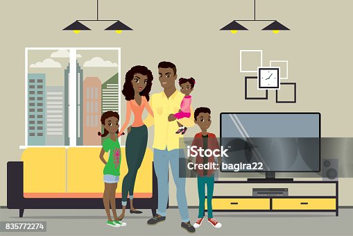 istock Cartoon young african american family and interior design with f 835772274