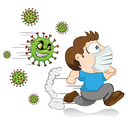 Cartoon Yuyu Person With Mask Running Scared Of A Virus ...